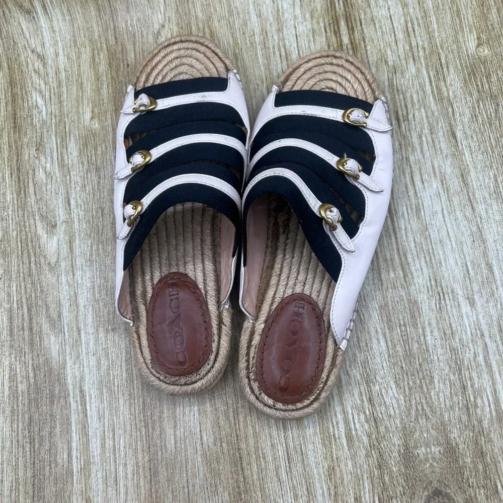 Coach Devon Espadrille Sandals Women's Size 6 White Leather Buckle Striped